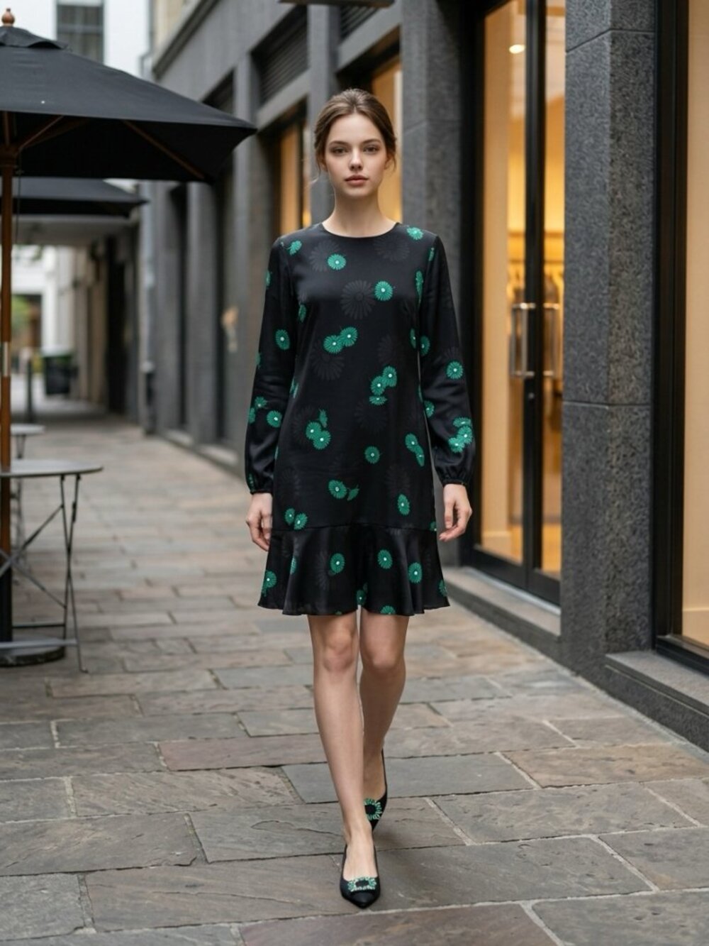 Ann Taylor Black Floral Shift Dress Size 2 Long Sleeve Ruffle Hem